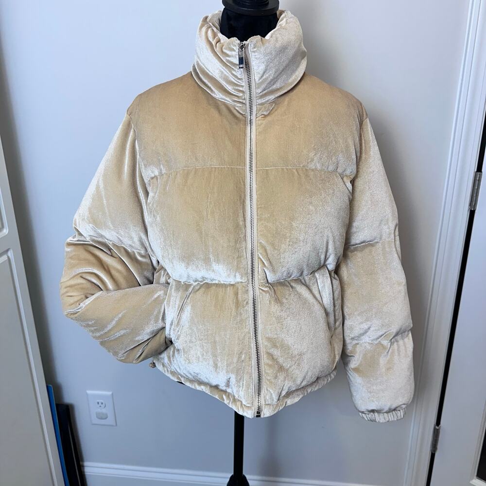 Women's TCEC Velvet Puffy Short Beige Jacket Size L - Picture 8 of 10